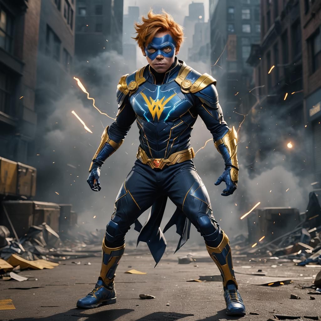 Rupert Grint, wearing DC Static Shock costume, full body