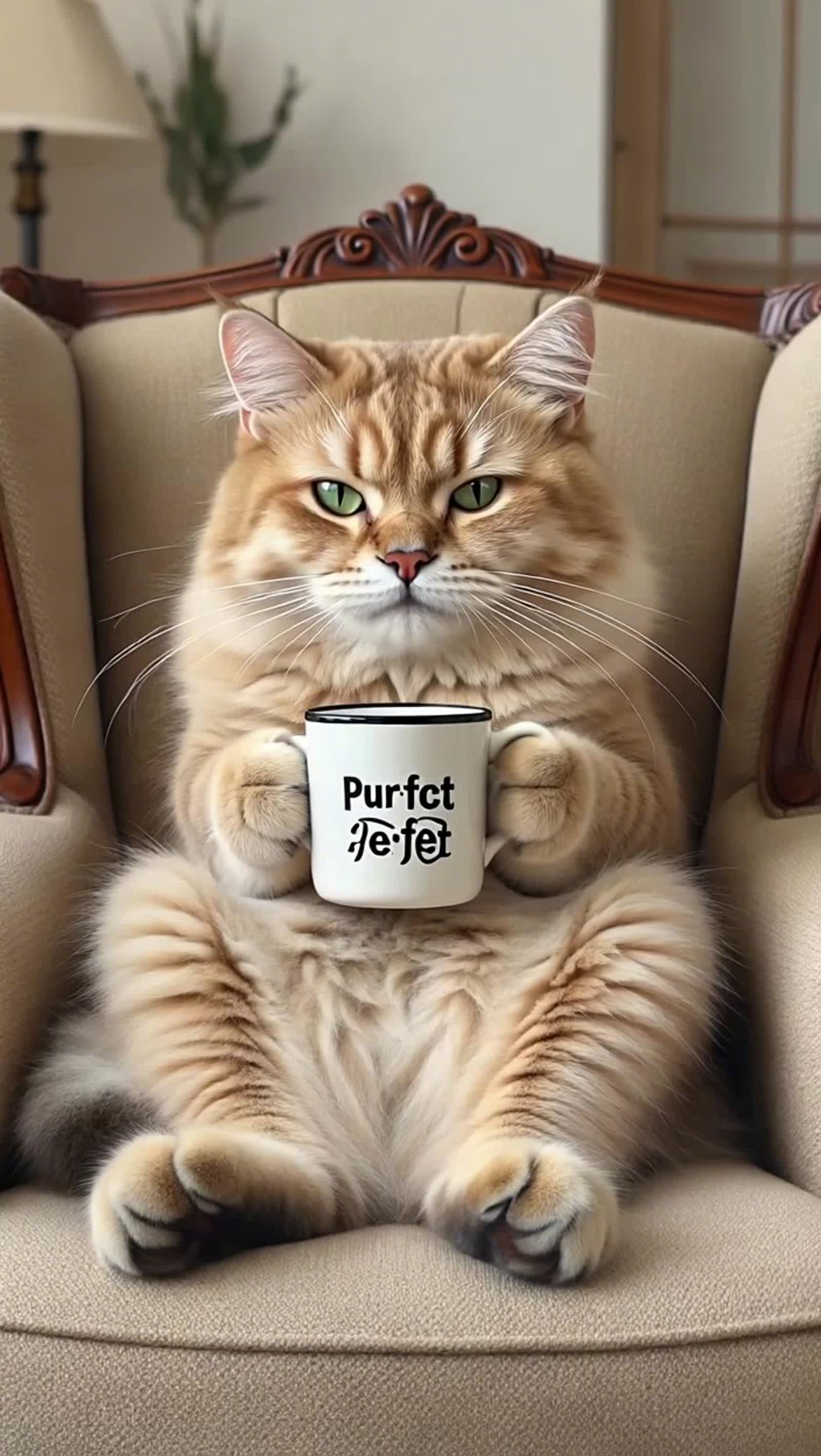 A cute felt fluffy large cat sitting in a large cozy chair drinking a mug of coffee with the words on the mug 'Purr-fect...