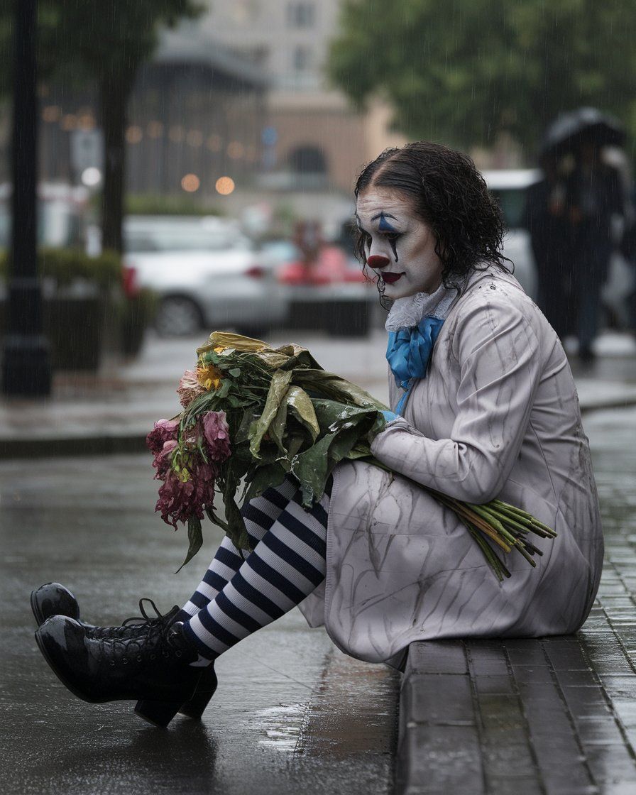 A sad female clown sitting in the rain