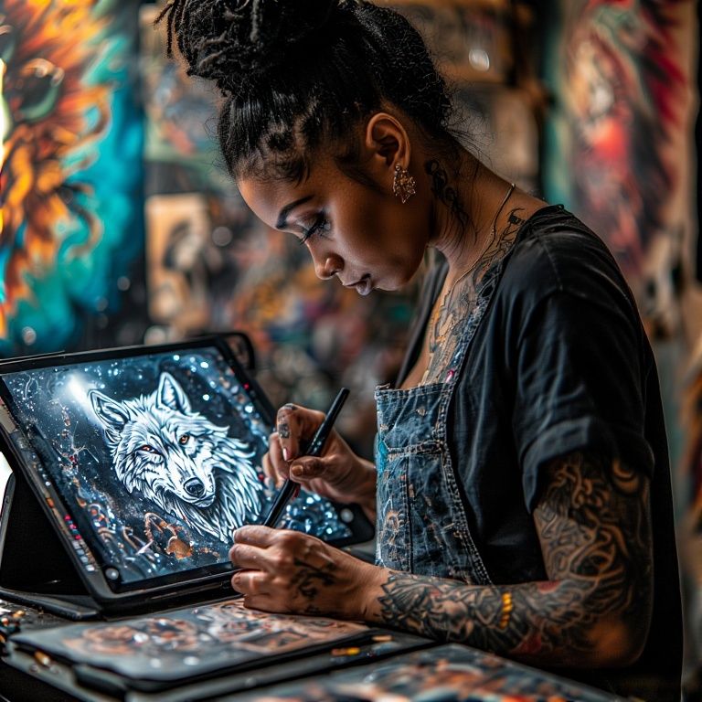 A black Egyptian female tattoo artist is meticulously crafting a portrait of a silver wolf on her Samsung Galaxy S10 Ult...