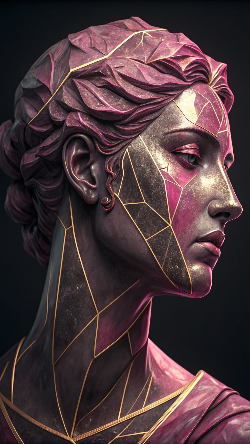 Surreal Goddess in Dark-Raspberry-Pink and Gold-Copper-Silve...