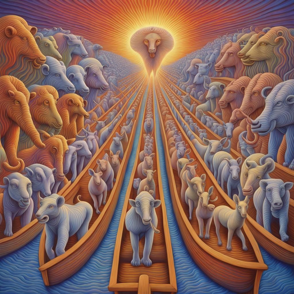 Psychedelic Art, Animals marching onto the Ark, style of Ale...