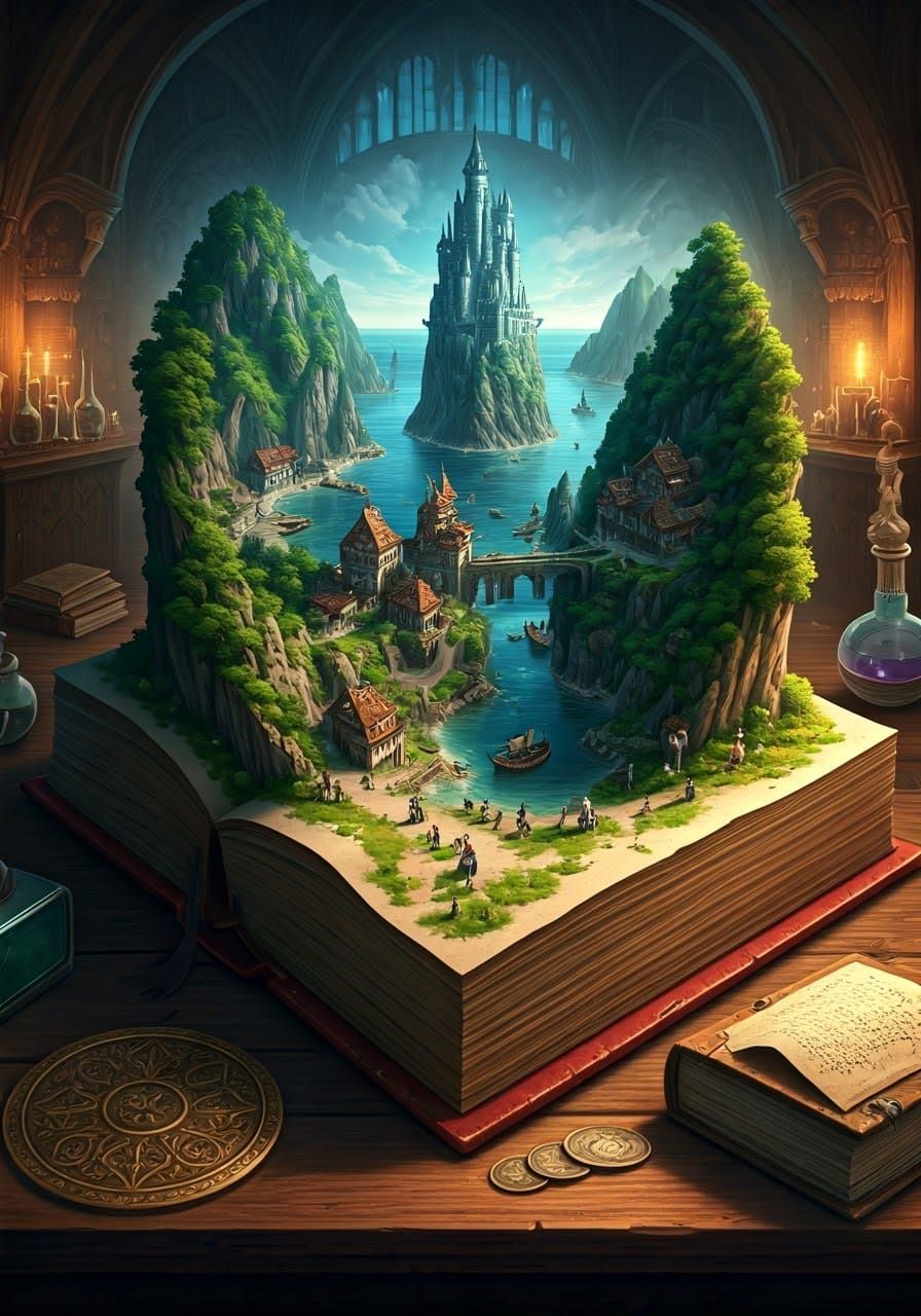 A fantasy civilization emerging from an open book #1