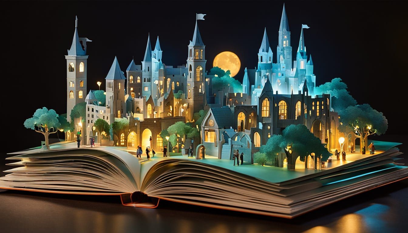 A pop-up book city coming to life — pages unfold into buildings, towers, and bridges. Lights rise from ...  by @Pyatykh Elena