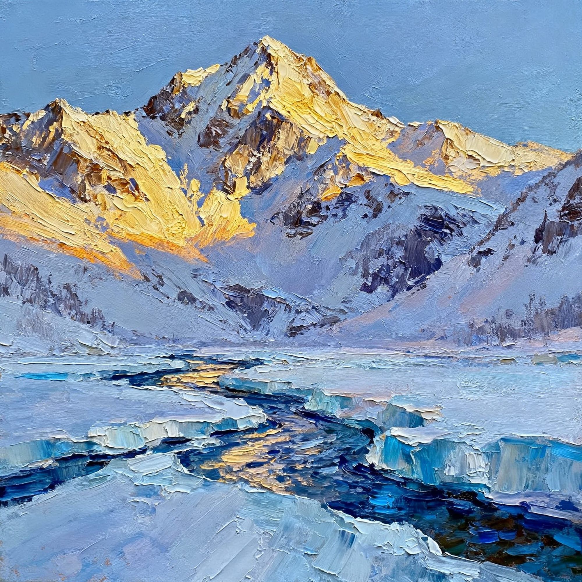 I want to create an impasto-style work of a landscape with snowy mountains and frozen streams at the foot of the mountains. Everything is a ...