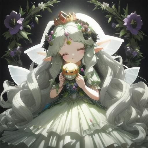 Delightful fairy princess, wearing a little crown, soft tones fairy clothes outfit, beautiful fantasy background, long curly hair oil paint...