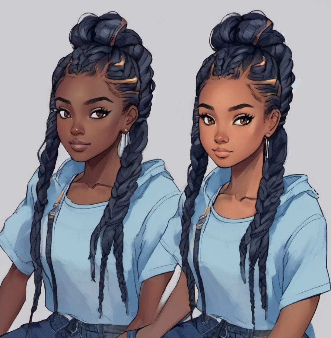 Anime twins girls, long braided hair, matching light blue sh...