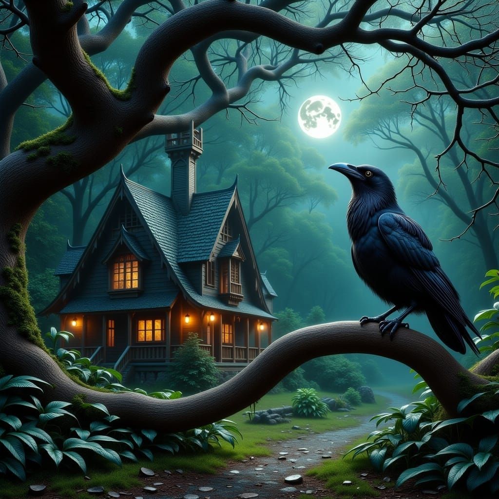 <lora:Winged Creatures:1.0>a huge black Crow sitting on a wooden branch from an old oak in an enchanted mystical forest with ancient weather...