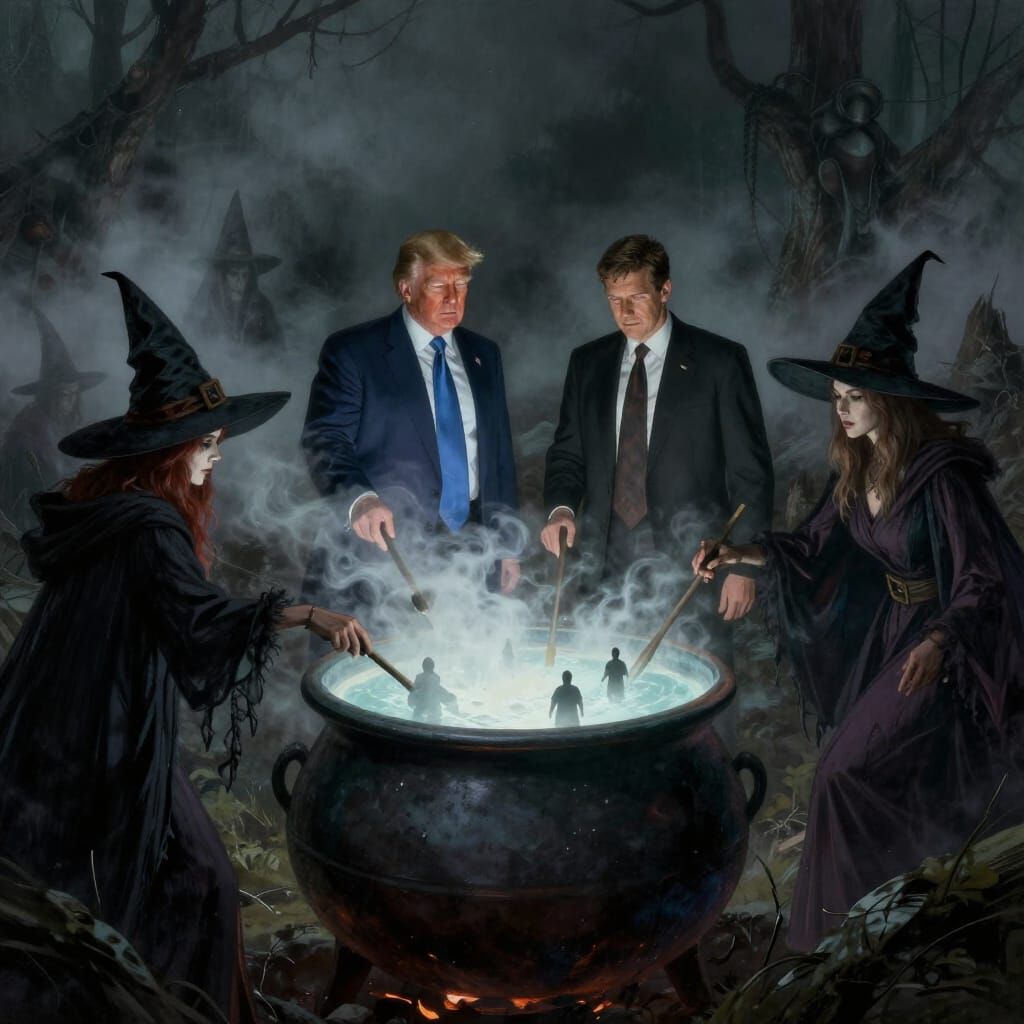 Trump and JFK Jr. with witches standing around a huge boiling pot. People are standing in the pot