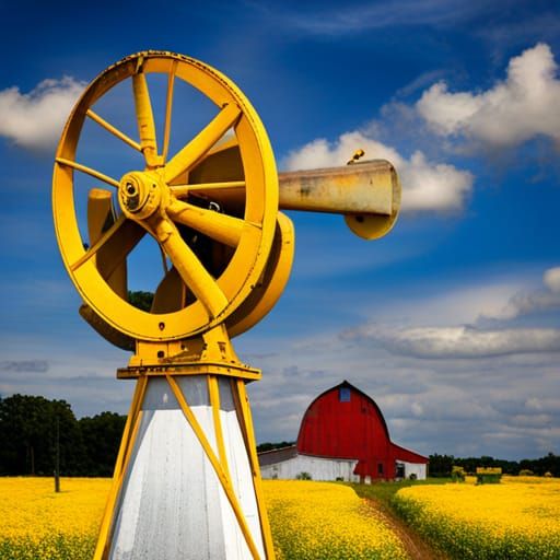 Bright yellow wind powered water pump on an American farm. 