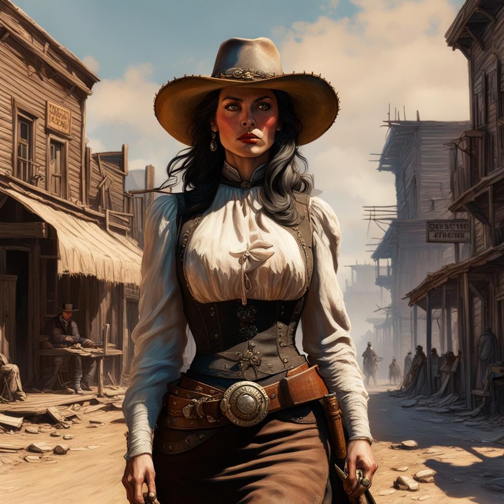 A beautiful woman sherrif in a rough western town in 1899, art by Frank ...