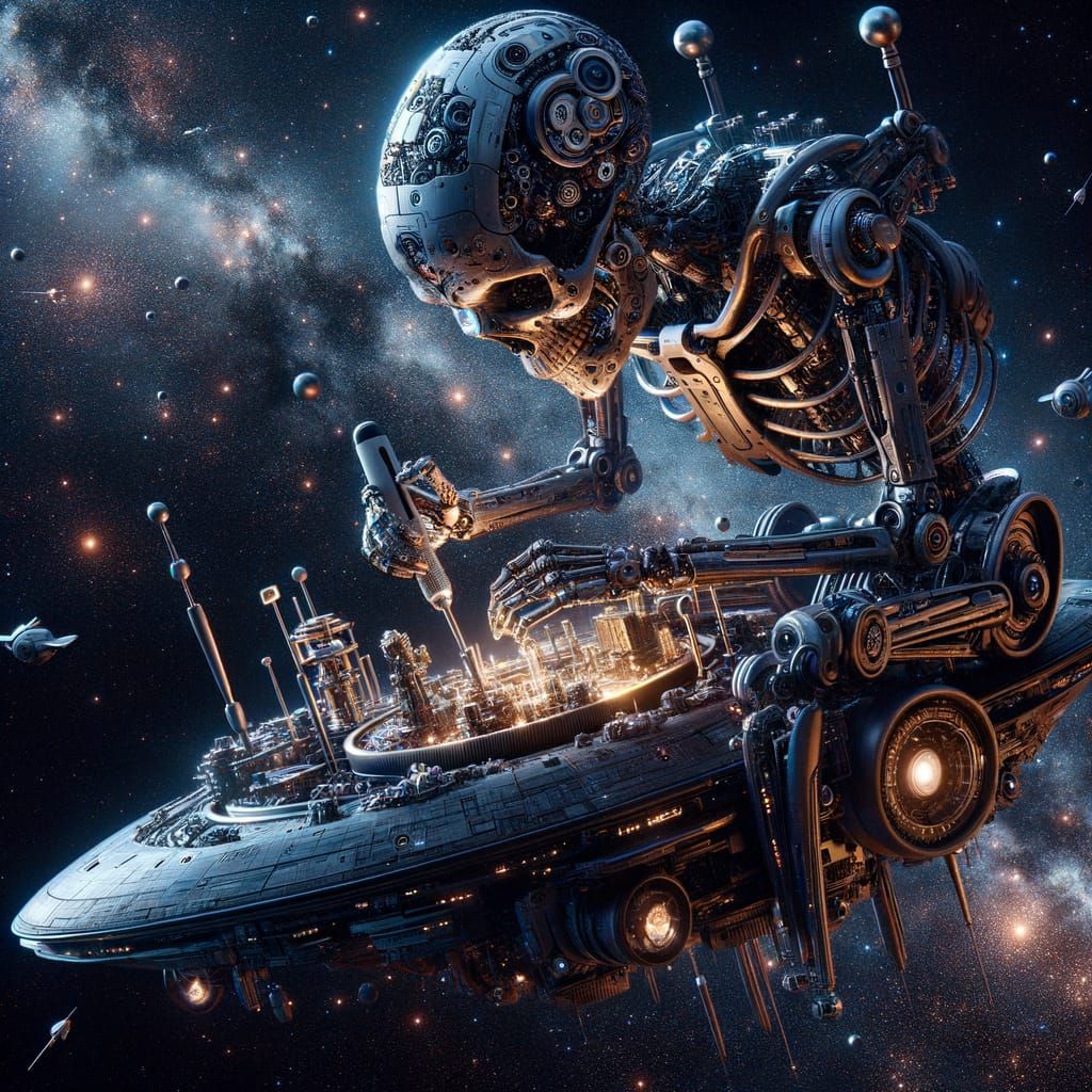 small mechanical skull levitating and performing repairs on the exterior of a futuristic spaceship. This skull should have small mechanisms ...