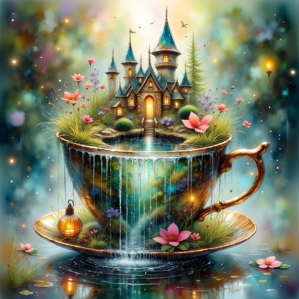 <lora:Ink Poet:1.0> "Double exposure of a broken glass cup with a golden handle, from which a miniature ...  by @Yossi Follow me Im following