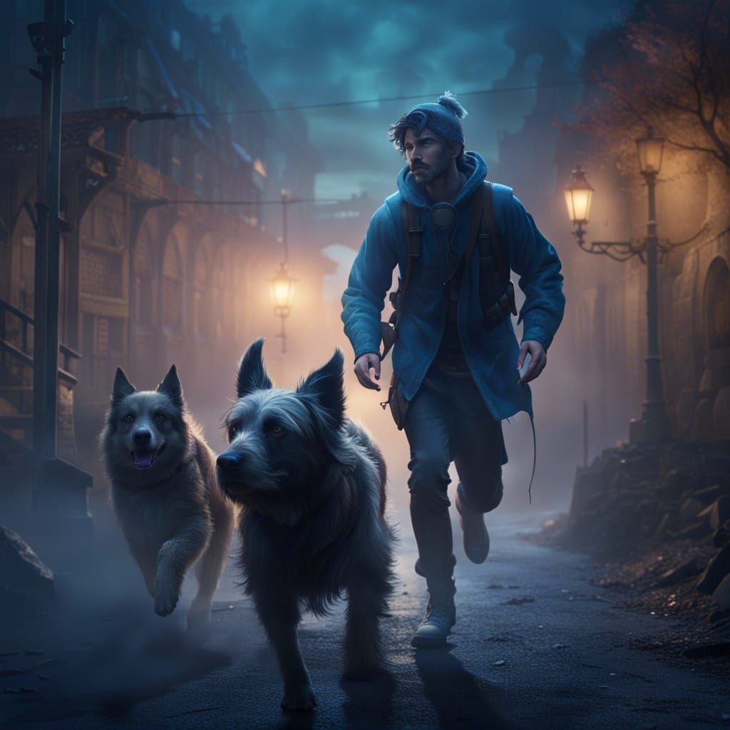 A twenty-year-old man follows a dog running through the nigh...