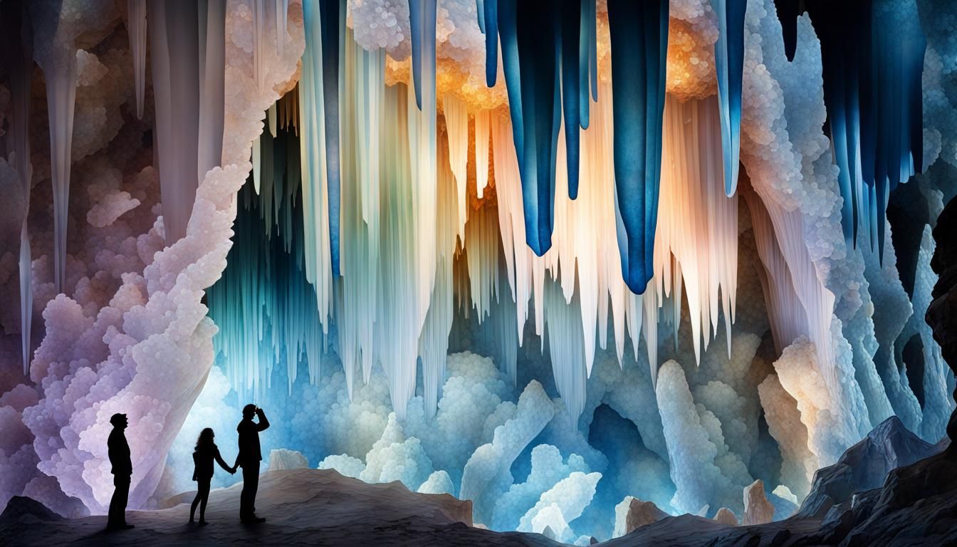 Crystal caves overhead are splendid with shining stalactites...