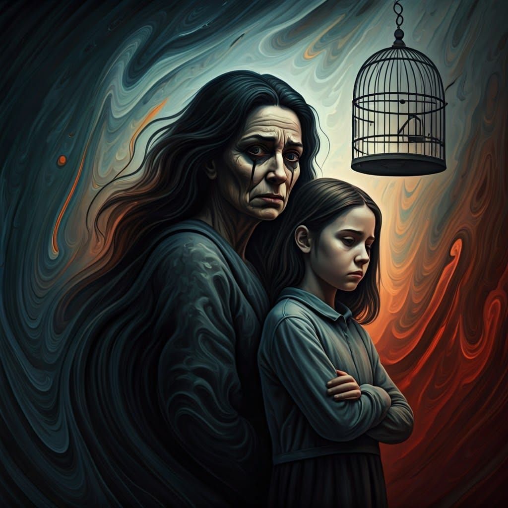 Surreal Mother Daughter Anguish in Surrealist Style