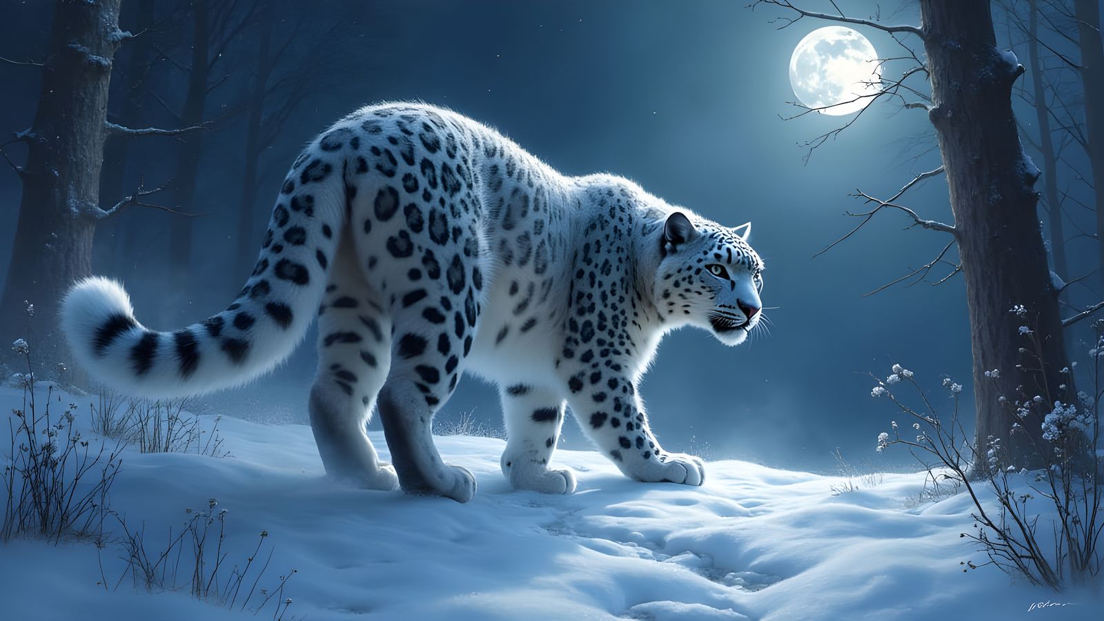 A majestic snow leopard, rendered with wildlife illustration detail, prowls through a snow-covered, ancient ...  by @Dan Jones