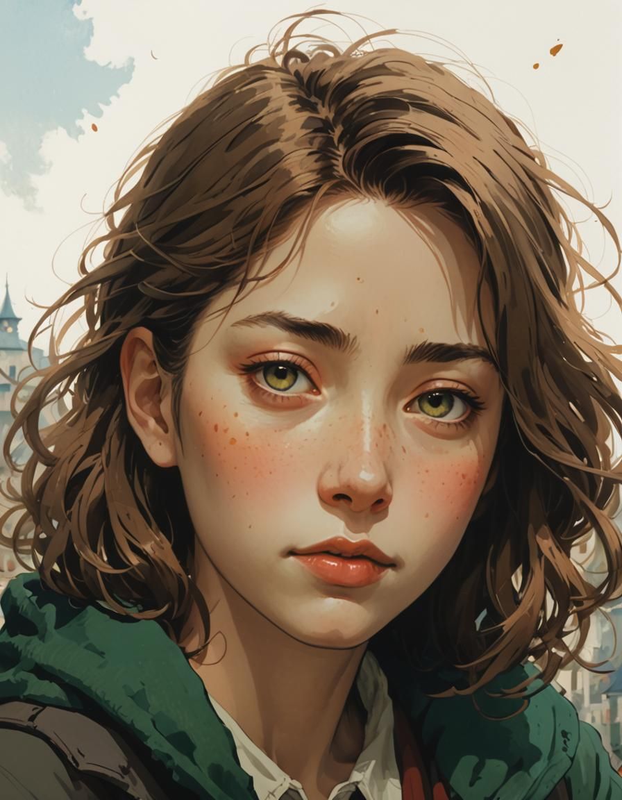 female Toulouse Lautrec style Studio Ghibli, Anime Key Visua...