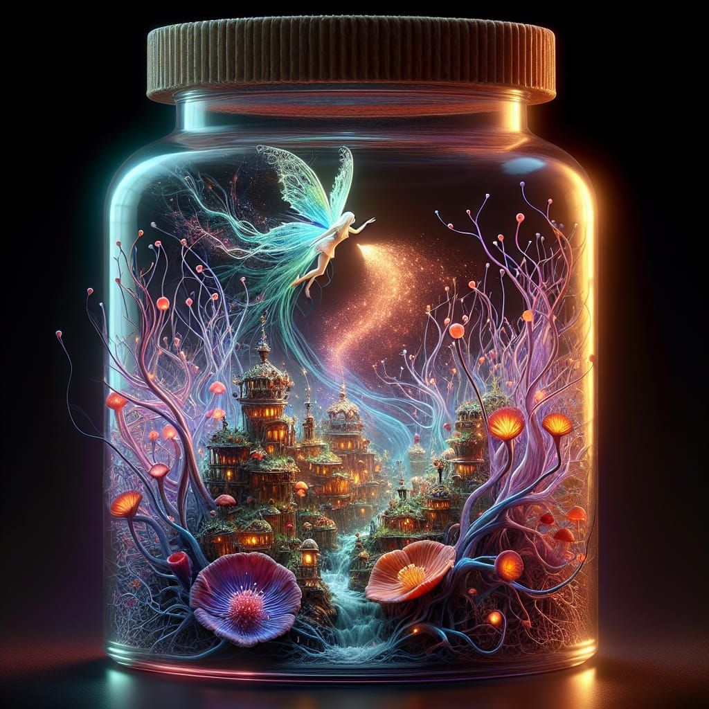 Miniature Fairy Village in Jar, Fantasy Concept Art