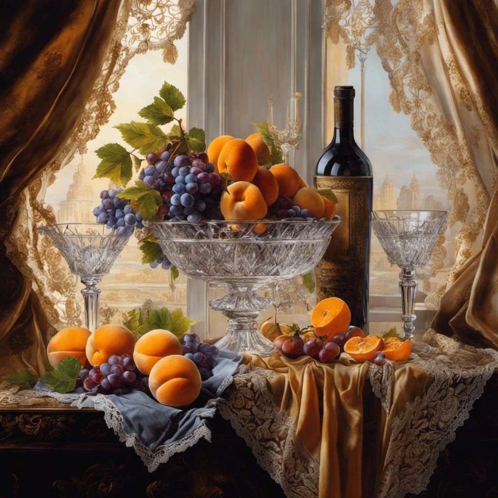 Morning light on Crystal Fruit Bowl on table with glasses and wine.   by @jcdigiart