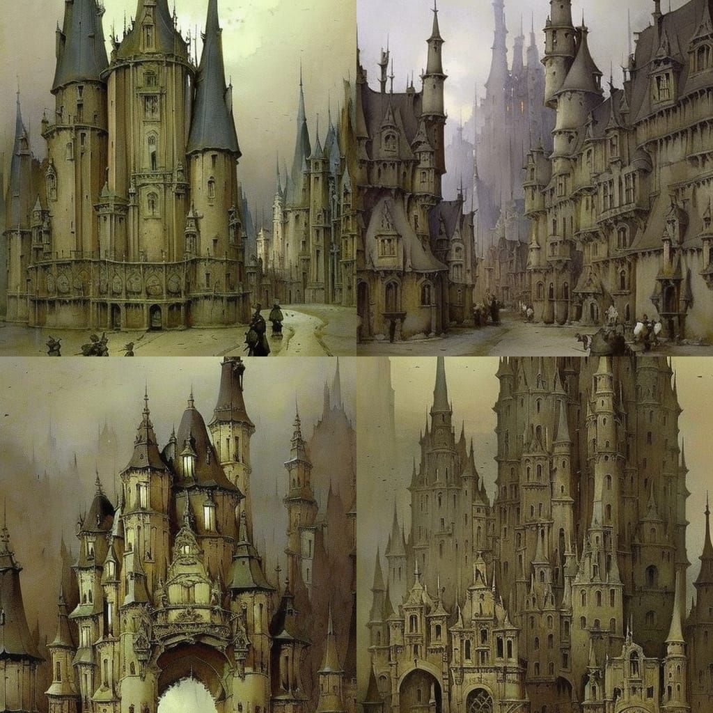 (((((1950s fairy tale gothic revival castle city . muted col...