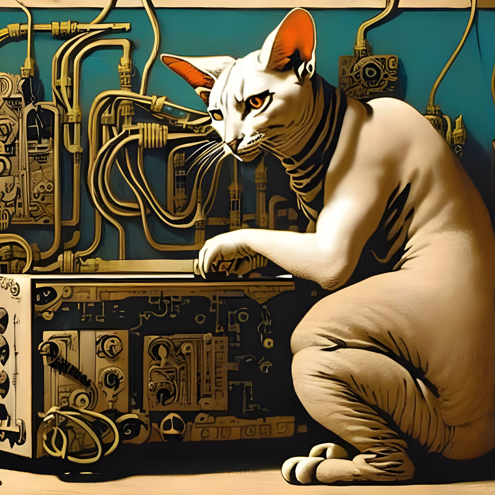 steampunk sphynx cat plays modular synth;
by Jean Giraud, Milo Manara and Marc Simonetti;

Complex machine ...  by @Robert Stave