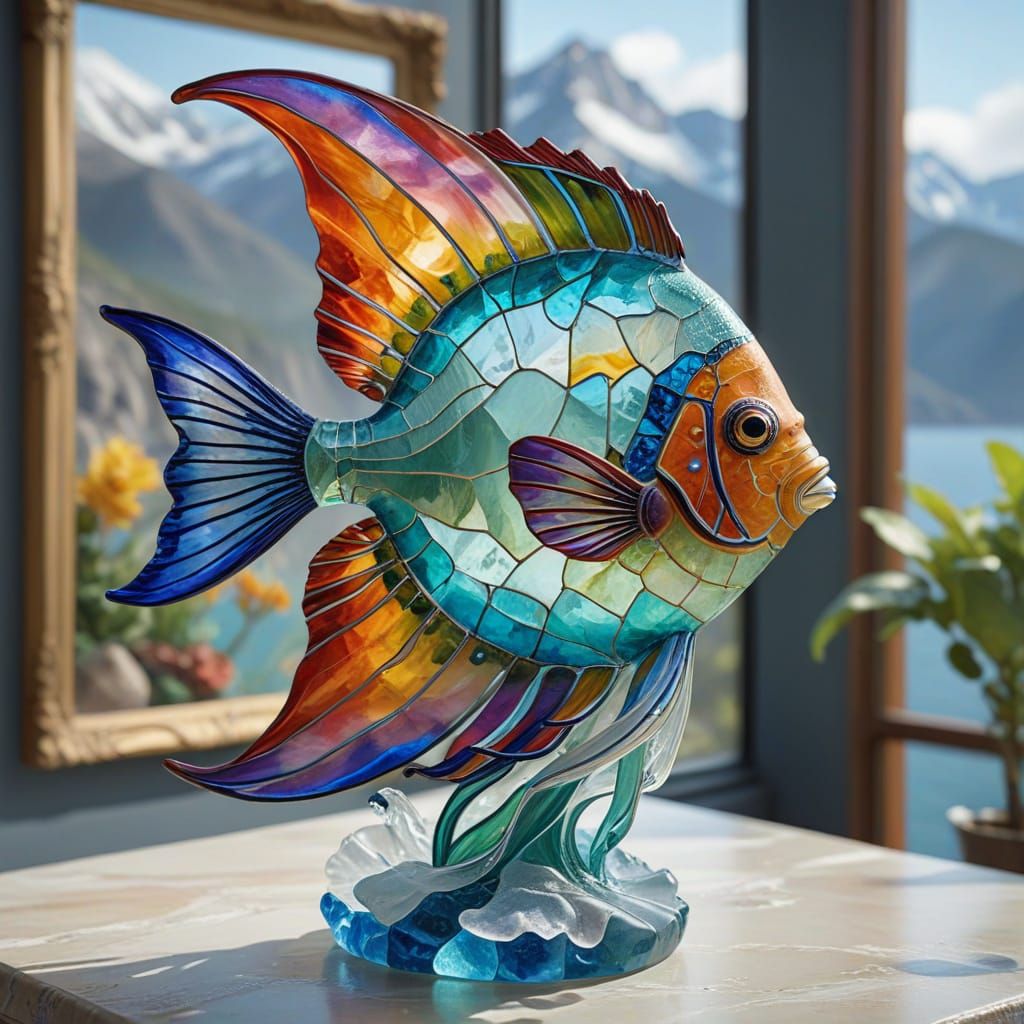 A realistic, vibrant image of a brightly colored, multi-colored sea glass Angel Fish statue. The statue ...  by @Granit9