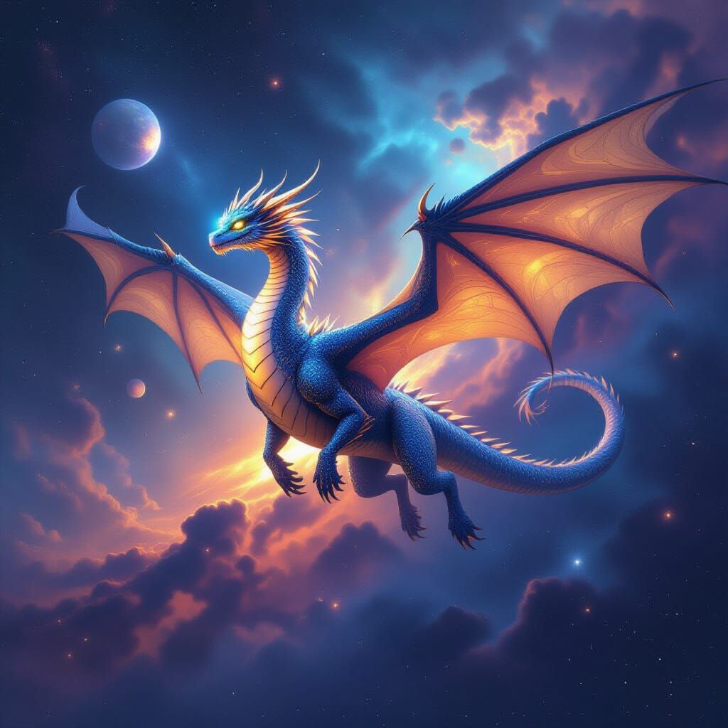 A majestic, bioluminescent dragon soaring through a nebula-filled galaxy, its scales shimmering with cosmic dust. The dragon's eyes glow wit...