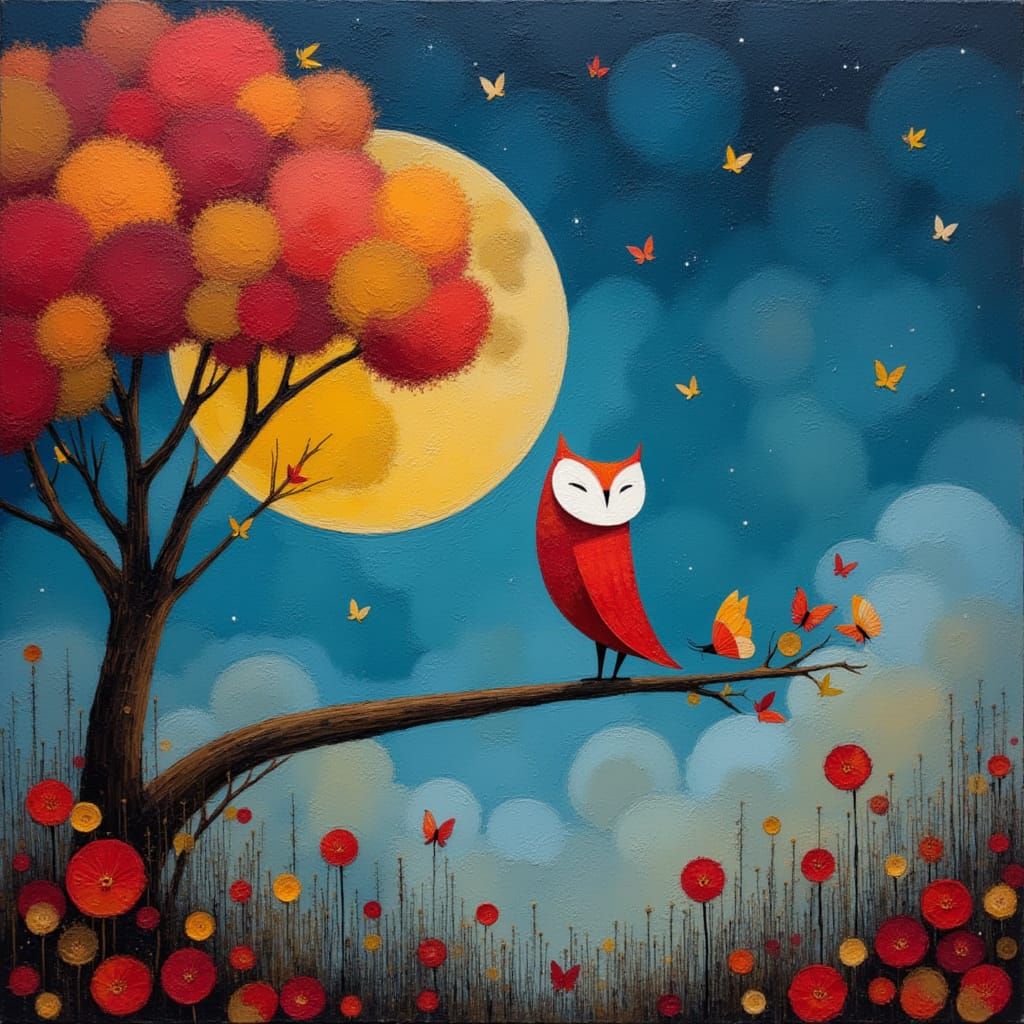 Windy, vivid autumn day, whimsical owl sits on a leafy tree limb under a full moon, starry indigo sky, butterflies, dragonflies, leaves, and...