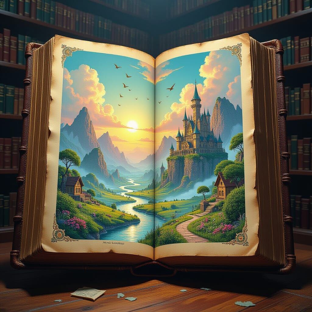 A colossal, ancient book lies open, its pages filled with fantastical landscapes and hidden worlds. On one page, a miniature island rises fr...