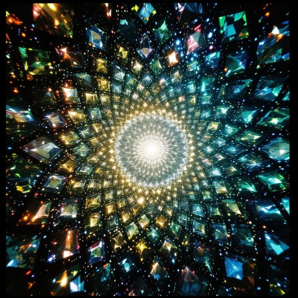 Gem-like shapes radiate in infinite repetition, each reflecting fantastical scenes: crystal dragons curling ...  by @James Silvers