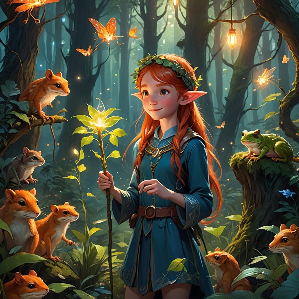 Enchanted Forest Elf with Glowing Plant Staff