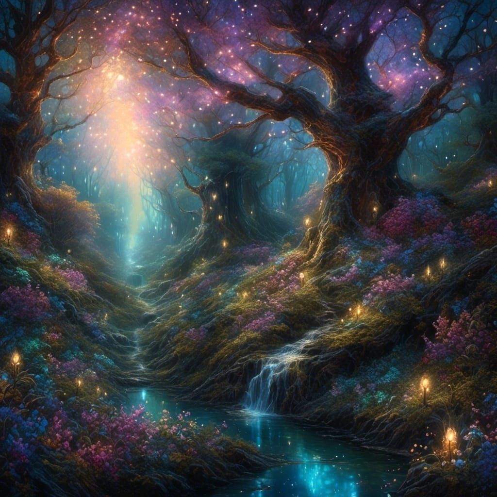 beautiful fairy forest <lora:SPARKLES:1.0> highly detailed, romantic, acrylic painting, 8k resolution concept art, elegant lighting, 3d shad...