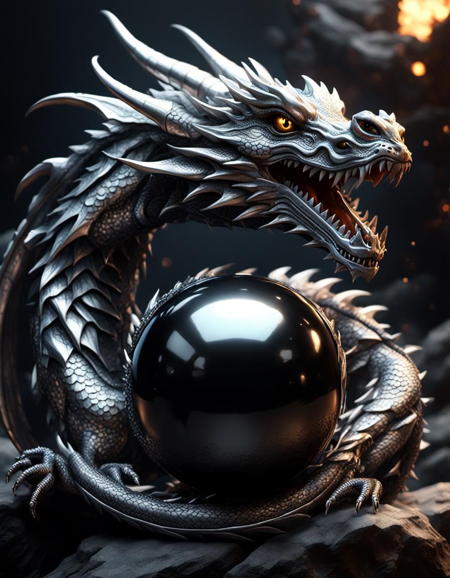 A Silver Metallic Dragon wrapped around a black orb
