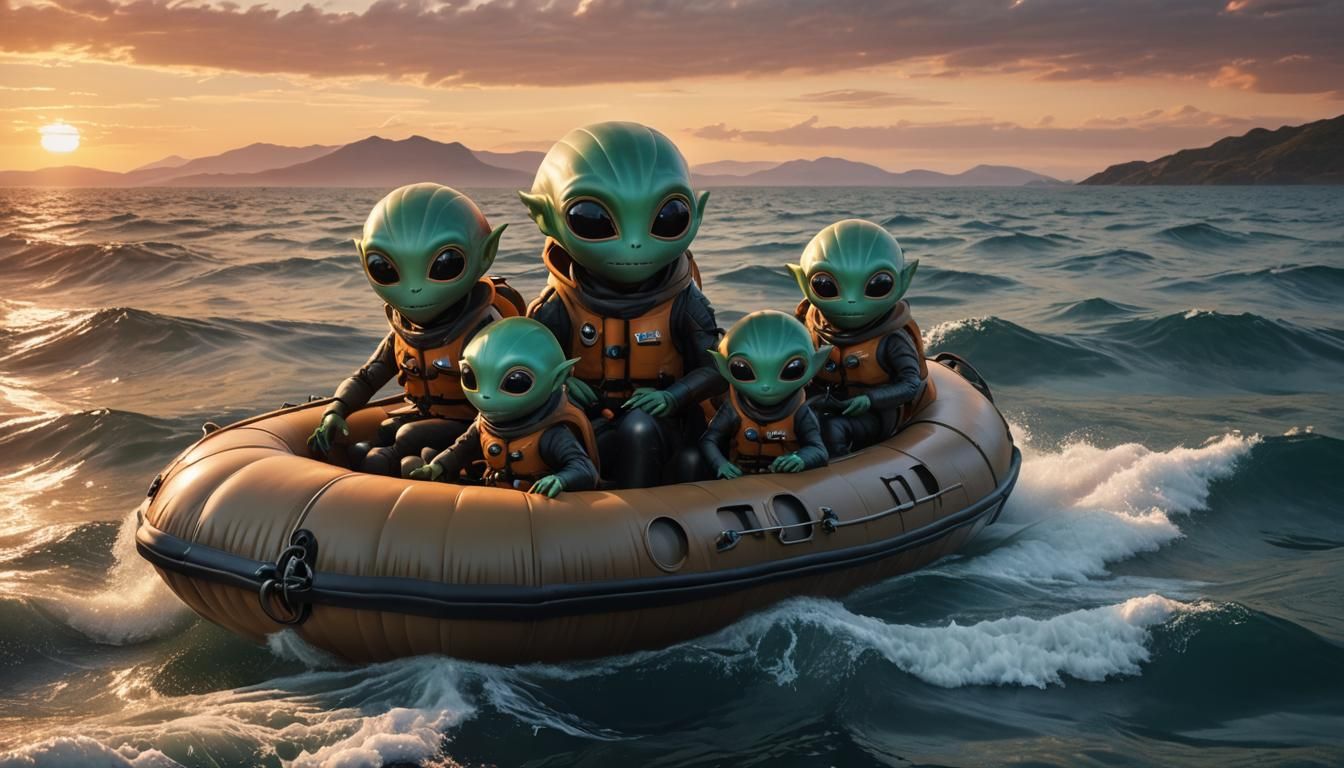 Cute aliens are sitting inside an inflatable life boat. Floa...