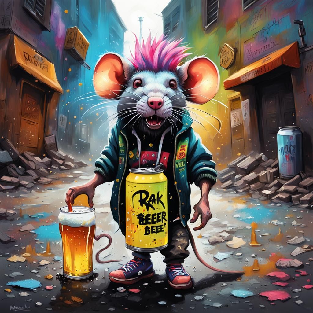 humanoid rat in punk outfit and colorful mohawk hair walks with can of ...