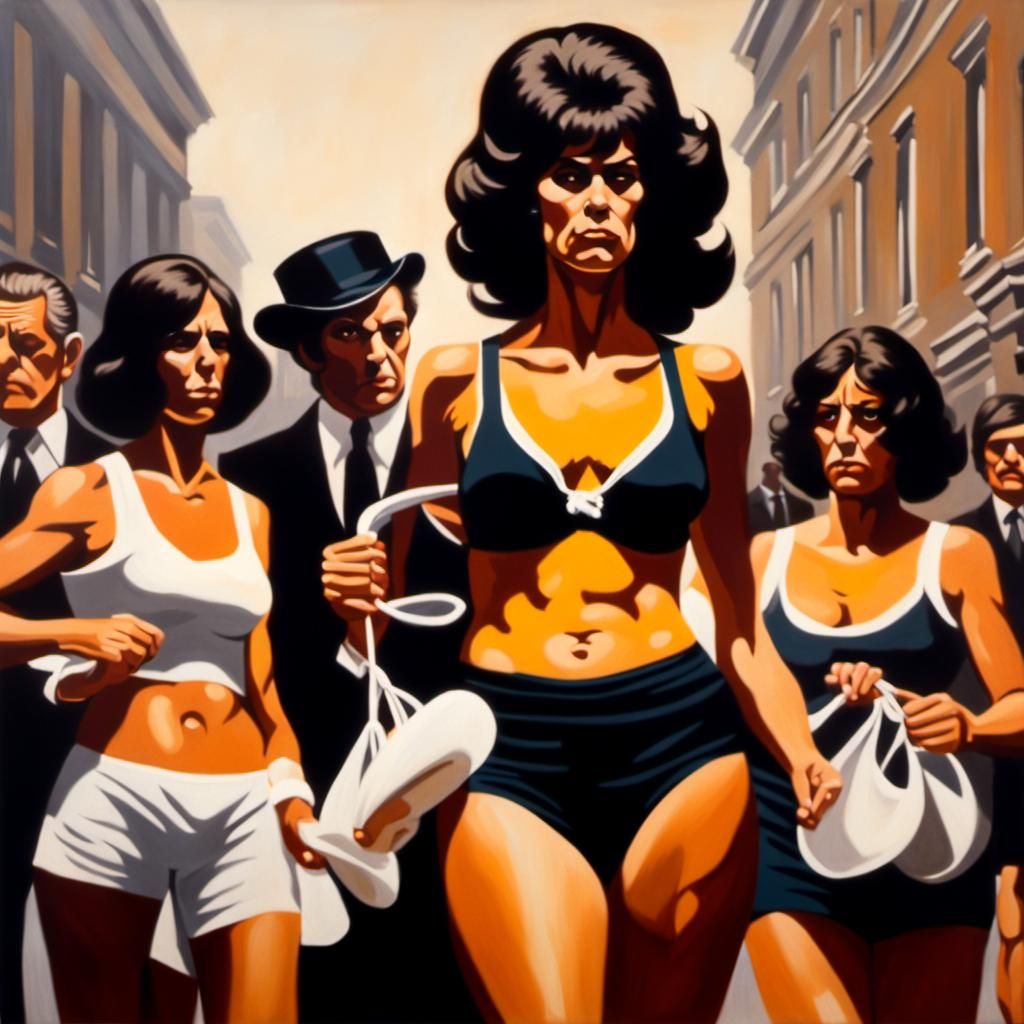 1970s feminist housewife's protesting and burning bras , acrylic on canvas  4k by Jack Vettriano ominous detailed intricate - AI Generated Artwork -  NightCafe Creator