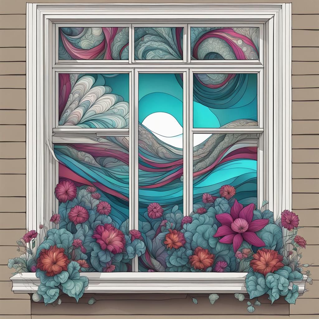 huge flowers growing through a house window