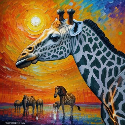 Sunset Scene: Giraffes and Elephants in Neo-Impressionism