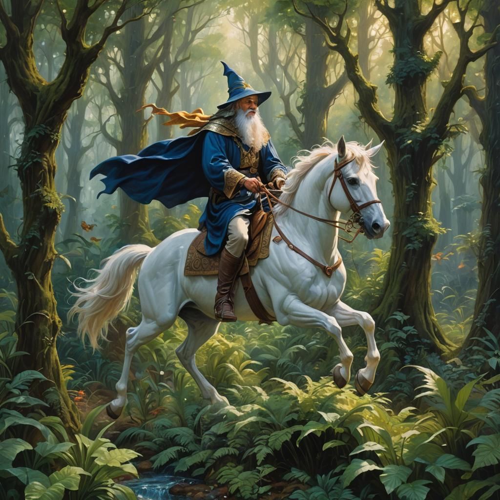 A wizard riding throughan enchanted forest.