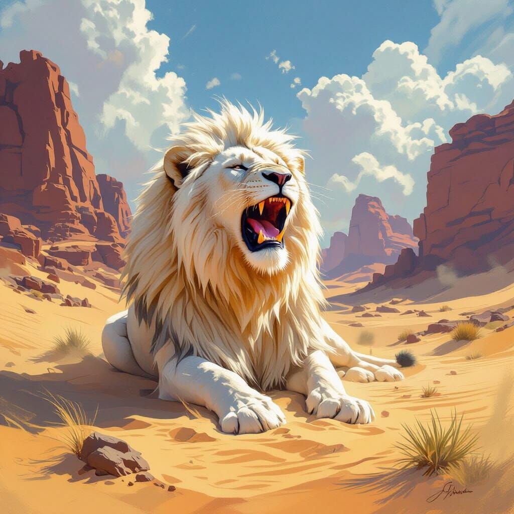 White Lion Roaring in Desert Landscape as Oil Painting