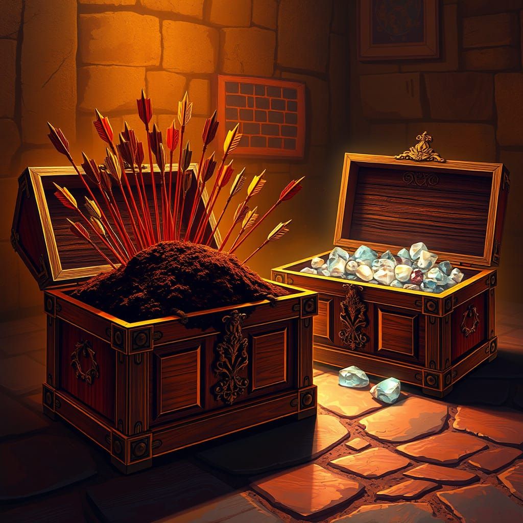 Mystical Wooden Chests in a Golden, Dreamlike Scene