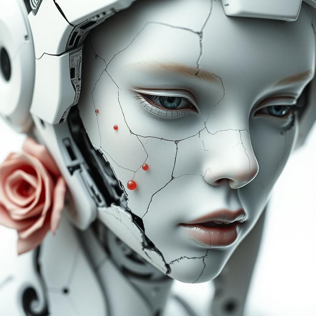Death of a beautiful humanoid female,  close up of a broken android, digital art, cracked porcelain face, ...  by @Make me