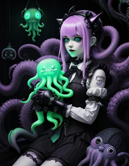 A Adorably Terrifying Pastel Punk Princess cuddling a Cthulh...