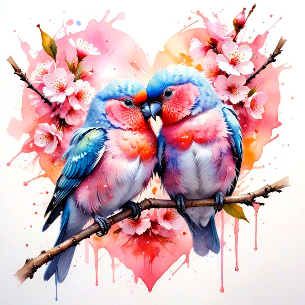 A pair of pastel-hued love birds perched on a blossoming cherry branch, their heads tilted together to ...  by @Kosh