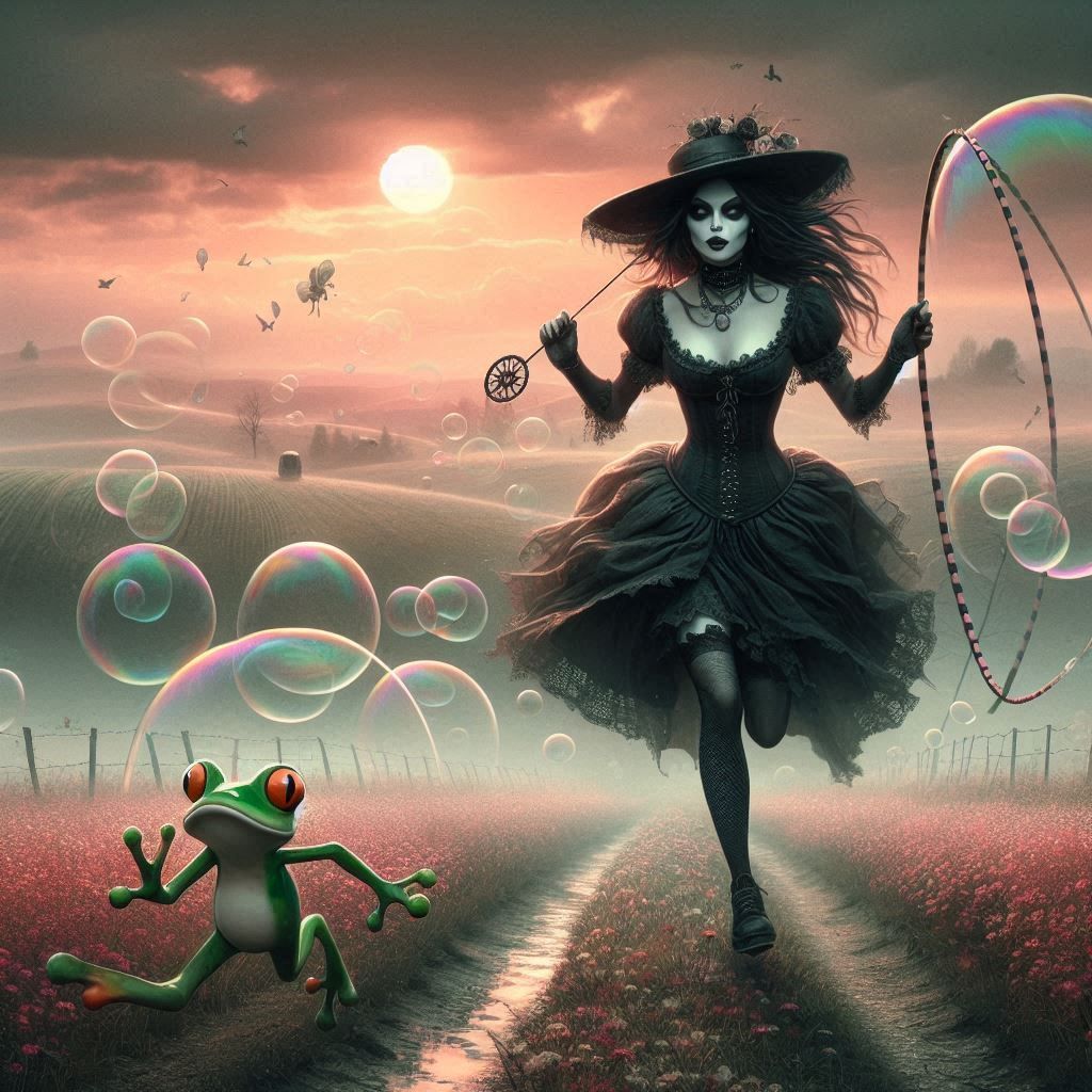 Goth Lady and Frog Chase Bubbles