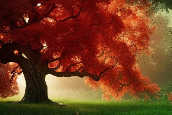 A gorgeous crimson autumn apple tree being blown by a gentle...