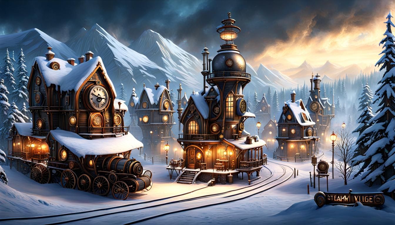 Winter Steampunk Village  by @FREEQ-AI