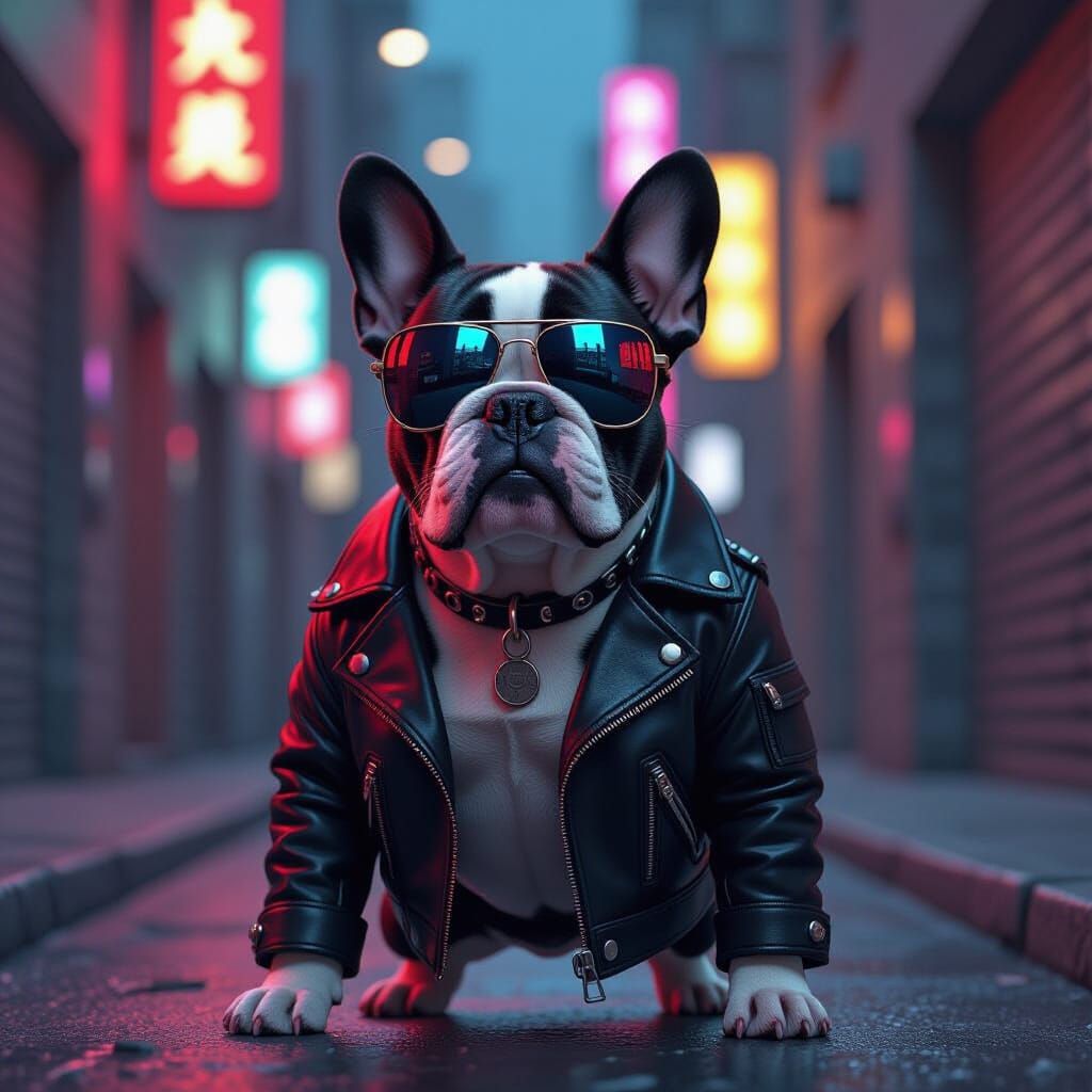 Tough French Bulldog in Neon Alleyway Concept Art