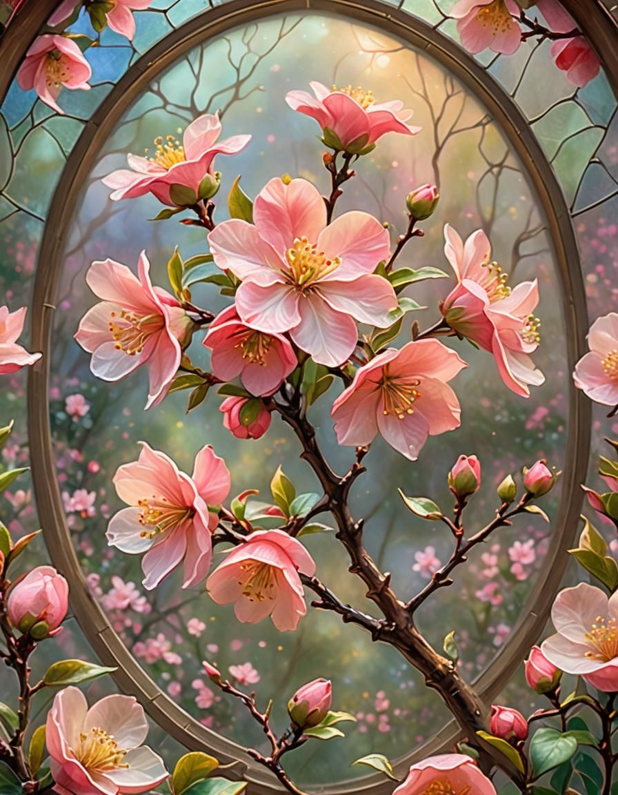 stain glass-oval, small vibrant pink-flowering-quince flower...